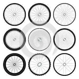 Realistic 3d bicycle wheels. Bike rubber tyres, shiny metal spokes and rims. Fitness cycle, touring, sport, road and