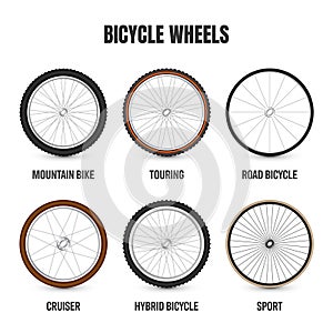 Realistic 3d bicycle wheels. Bike rubber tyres, shiny metal spokes and rims. Fitness cycle, touring, sport, road and