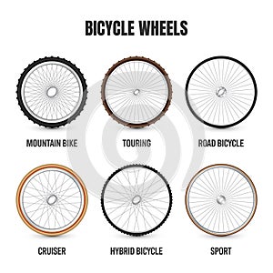 Realistic 3d bicycle wheels. Bike rubber tyres, shiny metal spokes and rims. Fitness cycle, touring, sport, road and