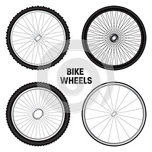 Realistic 3d bicycle wheels. Bike rubber tyres, shiny metal spokes and rims. Fitness cycle, touring, sport, road and