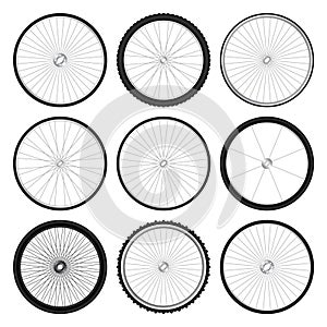 Realistic 3d bicycle wheels. Bike rubber tyres, shiny metal spokes and rims. Fitness cycle, touring, sport, road and