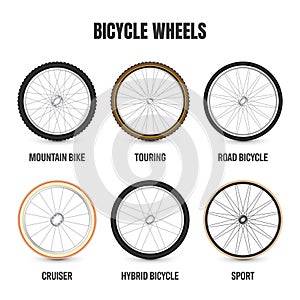 Realistic 3d bicycle wheels. Bike rubber tyres, shiny metal spokes and rims. Fitness cycle, touring, sport, road and