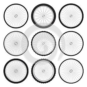 Realistic 3d bicycle wheels. Bike rubber tyres, shiny metal spokes and rims. Fitness cycle, touring, sport, road and