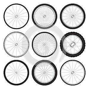 Realistic 3d bicycle wheels. Bike rubber tyres, shiny metal spokes and rims. Fitness cycle, touring, sport, road and