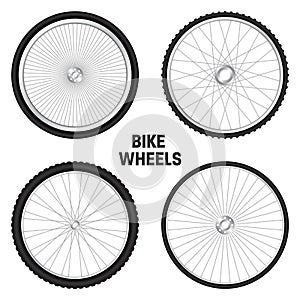 Realistic 3d bicycle wheels. Bike rubber tyres, shiny metal spokes and rims. Fitness cycle, touring, sport, road and