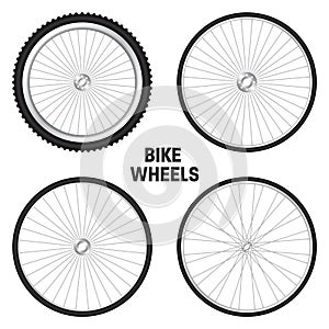 Realistic 3d bicycle wheels. Bike rubber tyres, shiny metal spokes and rims. Fitness cycle, touring, sport, road and