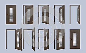 Realistic 3d black front wooden door open and close. House, apartment or room entrance doorframe with doors ajar