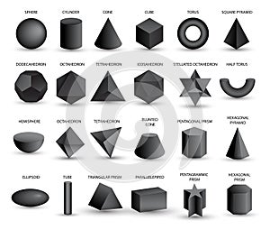 realistic 3D black geometric shapes isolated on white background. Maths geometrical figure form, realistic shapes model