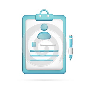 Realistic 3d blue clipboard, personal document with user icon, pen. Glossy 3d contract management, job application, hr symbol,