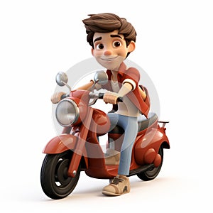Realistic 3d Cartoon Boy Riding Motor Scooter - Vray Tracing Style