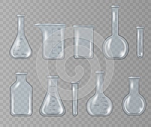 Realistic 3D chemical lab beaker, glass flask.