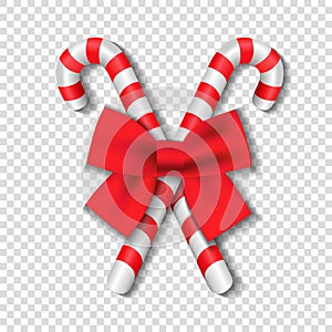 Realistic 3d christmas candy cane with red bow on transperent background