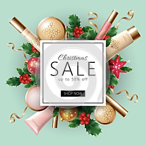 Realistic 3d Christmas holiday sale web banner template.