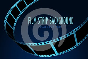 Realistic 3D cinema film strip in perspective. Film reel frame isolated on blue background. Vector template cinema festival with