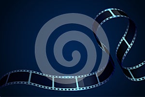 Realistic 3D cinema film strip in perspective. Film reel frame isolated on blue background. Vector template cinema festival with