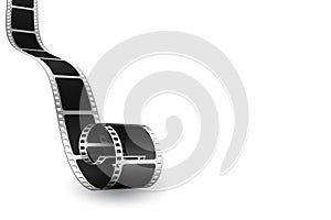 Realistic 3D cinema film strip in perspective. Film reel frame isolated on white background. Vector template cinema festival with