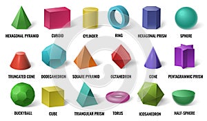 Realistic 3D color basic shapes. Solid colored geometric forms, cylinder and colorful cube shape vector illustration set