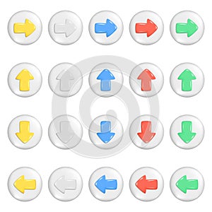 Realistic 3d colorful arrows on round button. Yellow, white, blue, red, green shapes of pointer 3d direction icon, left, right, up