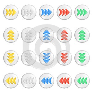 Realistic 3d colorful arrows on round button. Yellow, white, blue, red, green shapes of pointer 3d direction icon, left, right, up