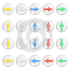 Realistic 3d colorful arrows on round button. Yellow, white, blue, red, green shapes of pointer 3d direction icon, left, right, up