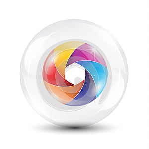 Realistic 3D colorful circle inside transparent glass sphere logo template