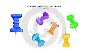 Realistic 3d colorful push pins vector illustration