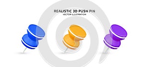 Realistic 3d colorful push pins vector illustration