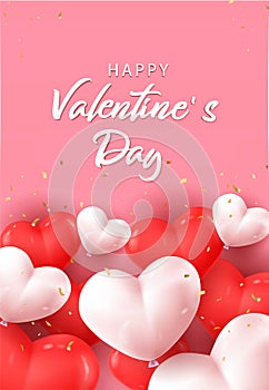 Realistic 3D Colorful Red and White Romantic Valentine Hearts Background Floating with Happy Valentines Day Greetings