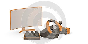 Realistic 3d computer monitor, game steering wheel, pedals, shifter. Game stick, controller, video game console. Game concept.