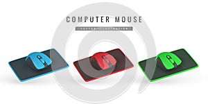 Realistic 3d computer wireless mouse on pad in cartoon style. Computer equipment concept. Vector illustration