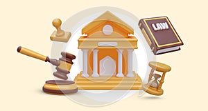 Realistic 3d court building, law book, hourglasses and yellow seal