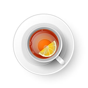 Realistic 3d cup of hot aromatic freshly brewed drink black tea with lemon, saucer. A teacup top view isolated on white background