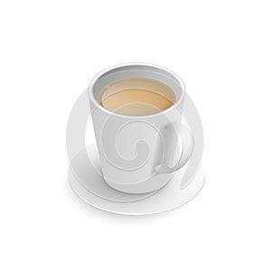 Realistic 3d cup of hot aromatic freshly brewed Indian Masala black tea with milk. A teacup with saucer isometric view isolated on