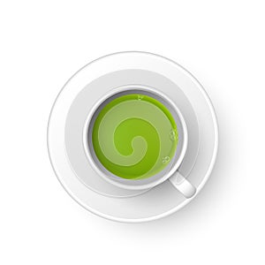 Realistic 3d cup of hot aromatic green Japanese tea matcha. A teacup top view isolated on white background. Vector