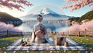 Realistic 3D depiction of a solo traveler in a yukata at a picnic, enjoying the tranquil view of Lake Fuji amidst sakura.