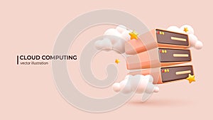 Realistic 3d design of Futuristic Server with Clouds and Stars. Vector illustration