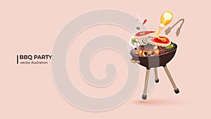 Realistic 3d design of Grill cooking with Flames, Steak and Vegetables.