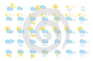 Realistic 3d design set of weather forecast elements, icon symbol, meteorology. Decorative 3d Sun, Moon, rain, cloud, star, snow,