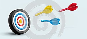 Realistic 3d design target and arrows flying at the target. Banner. Vector illustration