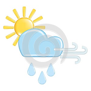 Realistic 3d design of weather forecast elements, icon symbol, meteorology. Decorative 3d golden Sun and blue cloud, rain, wind.