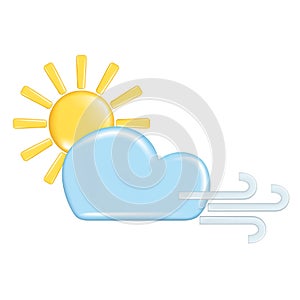 Realistic 3d design of weather forecast elements, icon symbol, meteorology. Decorative 3d golden Sun and blue cloud, wind. Cartoon