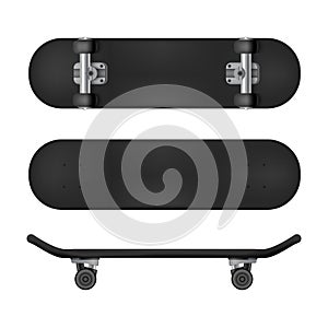 Realistic 3d Detailed Black Blank Skateboard Deck Template Mockup Set. Vector