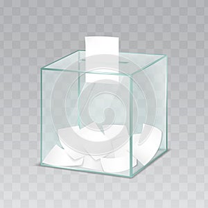 Realistic 3d Detailed Glass Ballot Box with Voting Paper. Vector