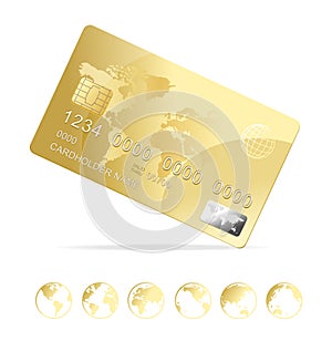 Realistic 3d Detailed Gold Shiny Plastic Credit Card with Map. Vector