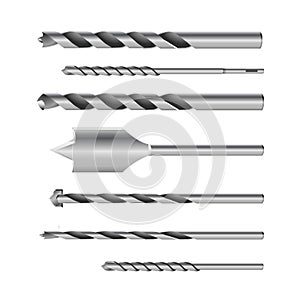 Realistic 3d Detailed Metallic Drill Bits Set Tools for Construction Work, Drilling Hole.