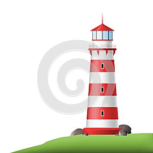 Realistic 3d Detailed Red Lighthouse on Shore. Vector