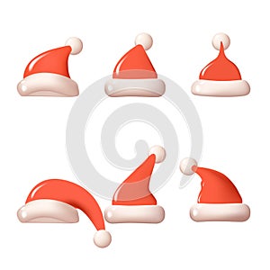 Realistic 3d Detailed Red Santa Hats Set Symbol of Season Holiday and Winter Celebration .