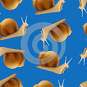 Realistic 3d Detailed Slimy Snail with Shell Seamless Pattern Background. Vector