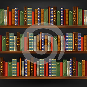 Realistic 3d Detailed Vintage Old Books in Shelf Seamless Pattern Background. Vector