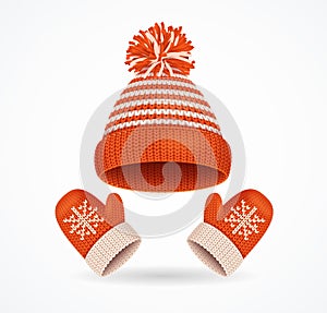 Realistic 3d Detailed Winter Hat and Mittens Set. Vector
